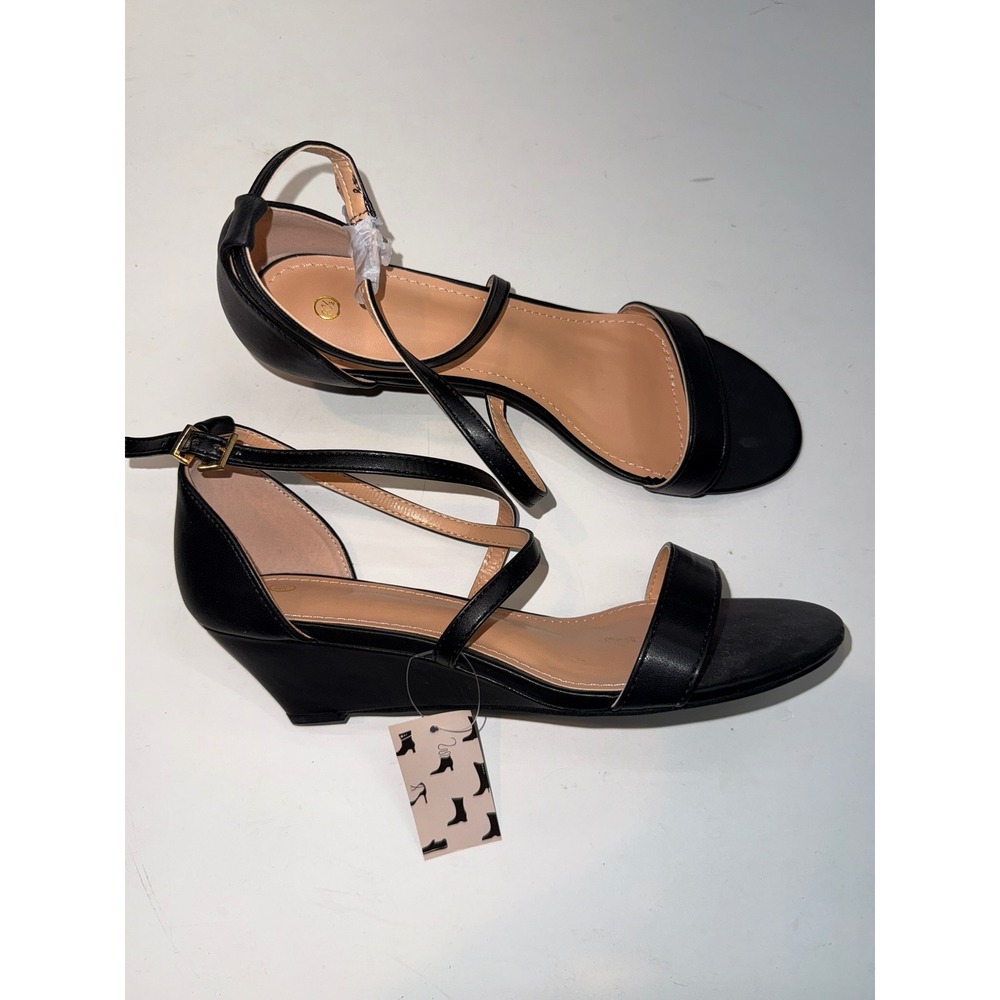 MYSOFT New Womens 8.5 Black Faux Leather Strappy Mini Wedge Sandals Box#110 - Picture 5 of 5
